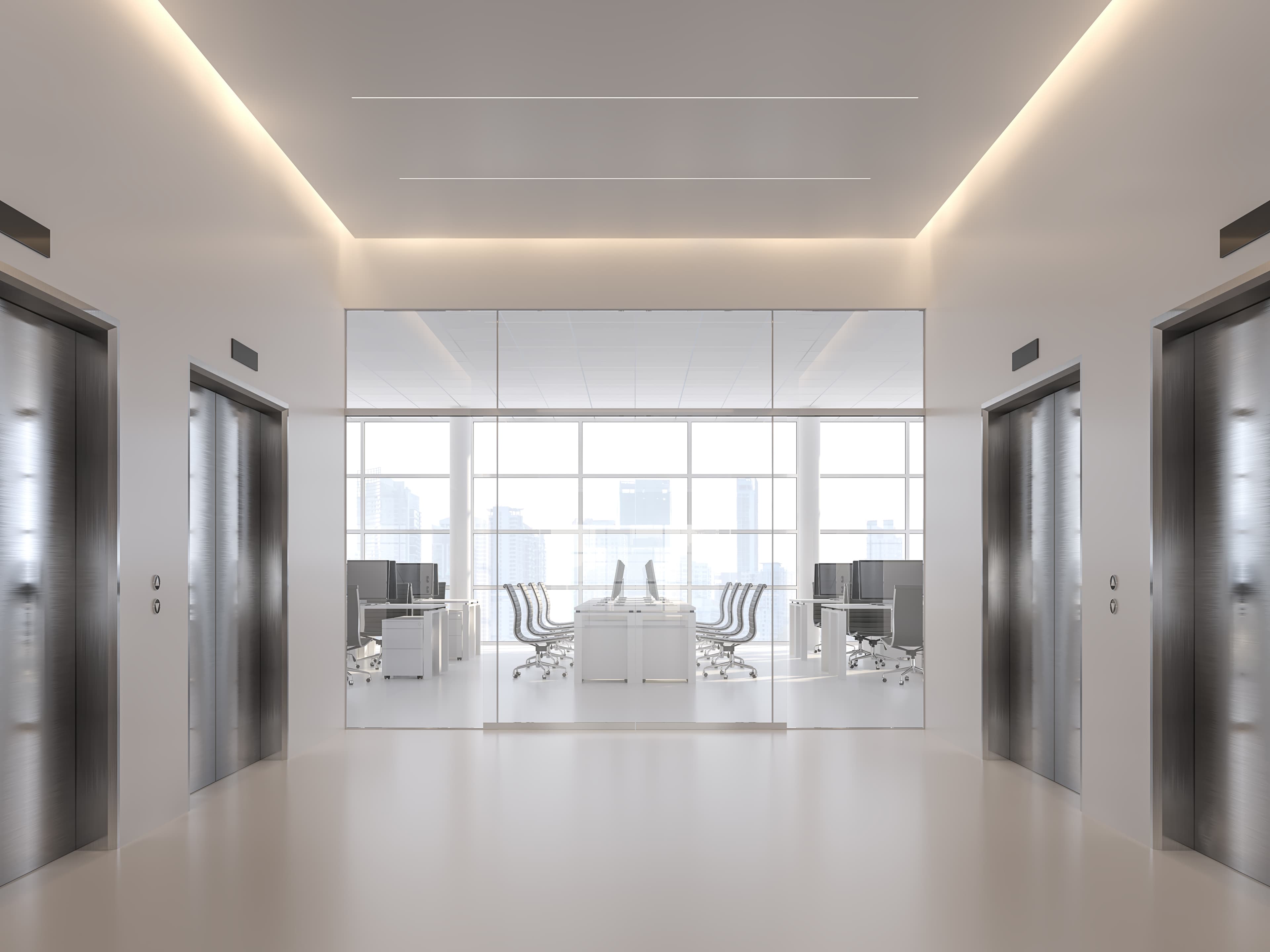 Commercial office building elevator lobby - Houston elevator services for business facilities