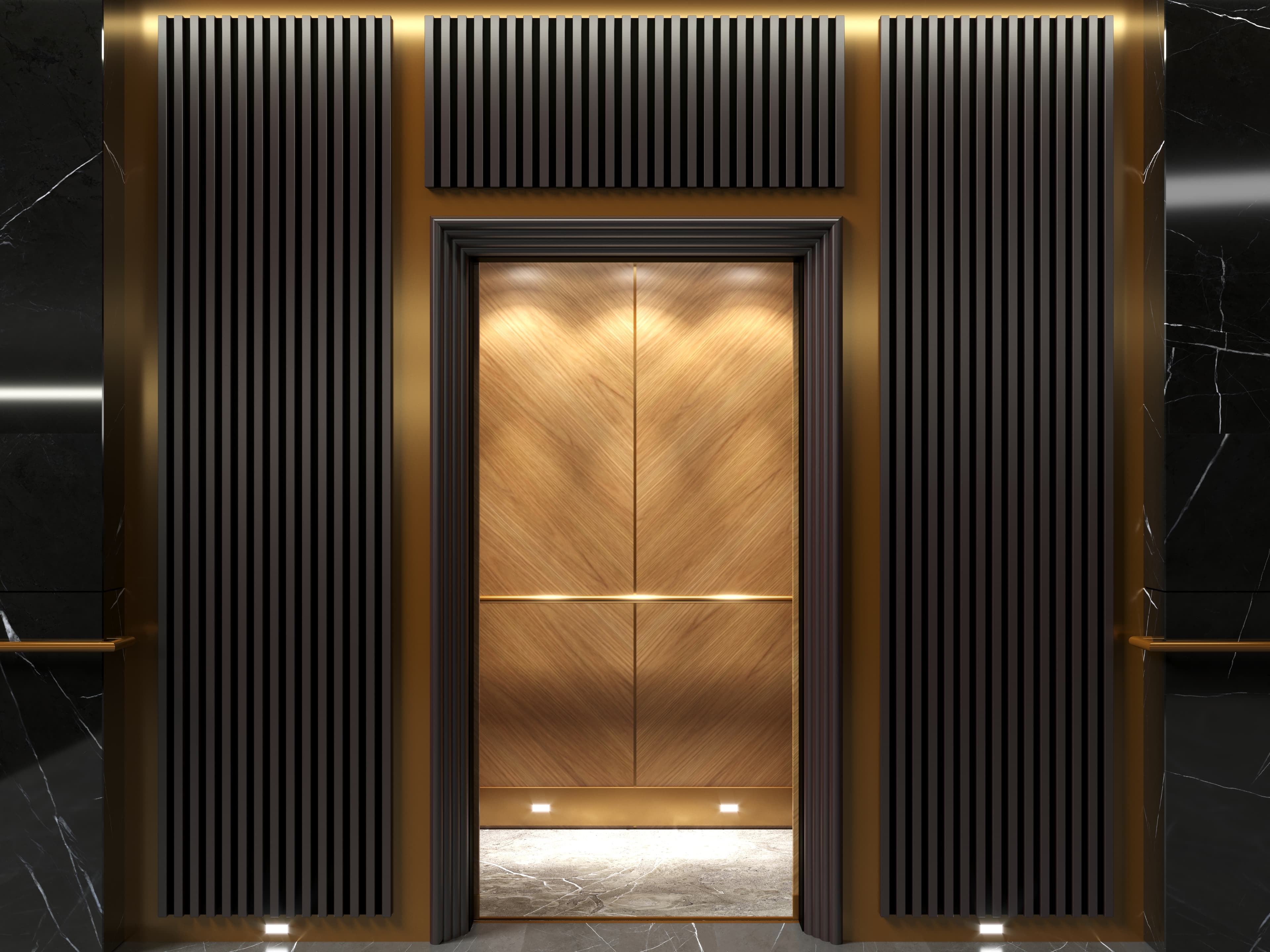 Luxury hotel elevator interior with gold trim - Hospitality elevator design for premium guest experience